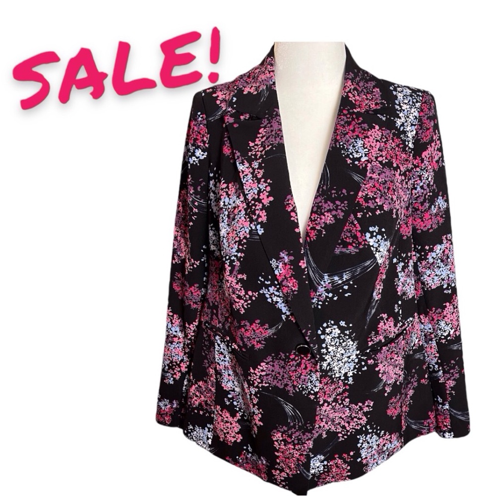 Lane Bryant Blazer Stretchy Black White Pink Floral